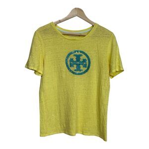 Tory Burch Women's Linen Sequin Logo Tee Yellow Green Size Small petite